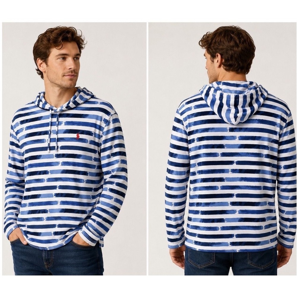Polo Ralph Lauren Striped Jersey Hooded T-Shirt Mens L Blue Nautical Preppy